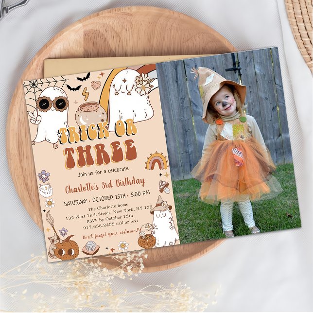 Groovy Cute Ghost Halloween 3rd Birthday Party Invitation (Creator Uploaded)