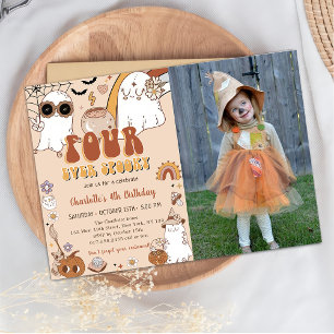 Groovy Cute Ghost Halloween 4th Birthday Party Invitation