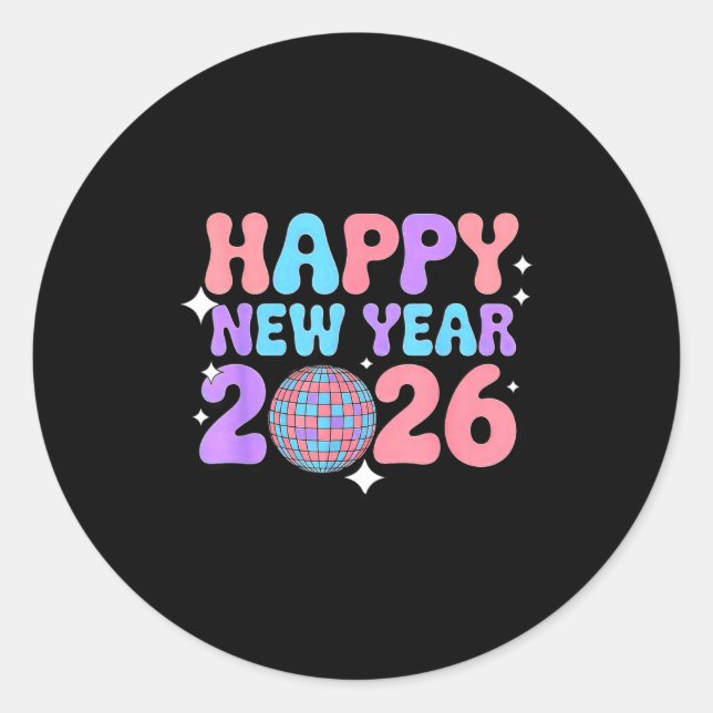 Groovy Cute Happy New Year 2026 Disco Ball  Classic Round Sticker (Front)