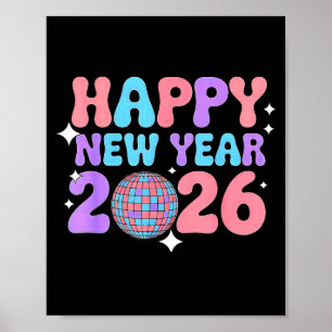 Groovy Cute Happy New Year 2026 Disco Ball Poster