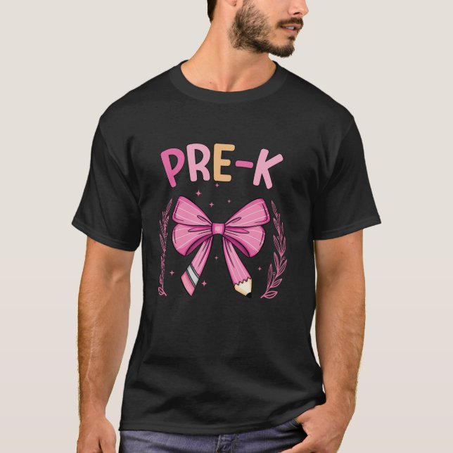Groovy Cute Pre K Pink Coquette Bow Pencil Back To T-Shirt (Front)