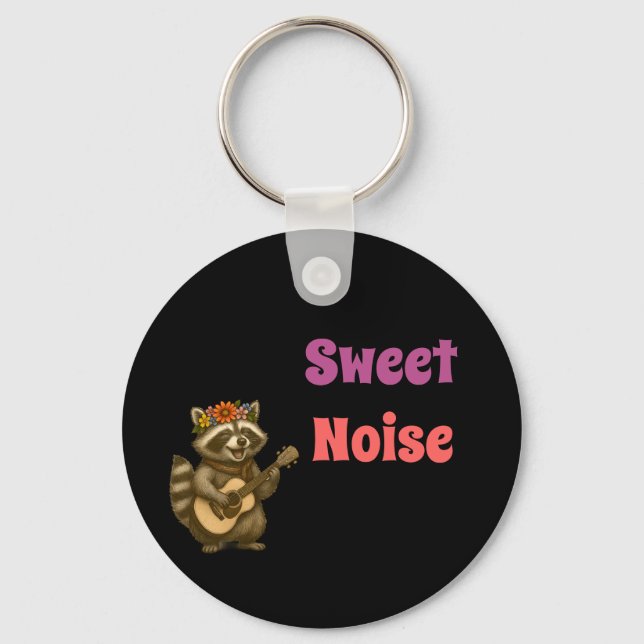 Groovy Cute Racoon Floral Crown Guitarist Key Ring (Front)