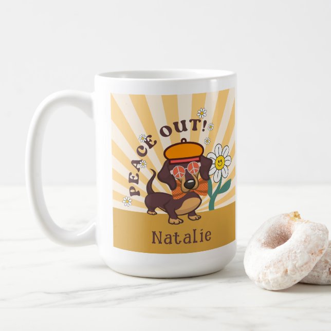 Groovy Dachshund | Peace Out  Coffee Mug (With Donut)