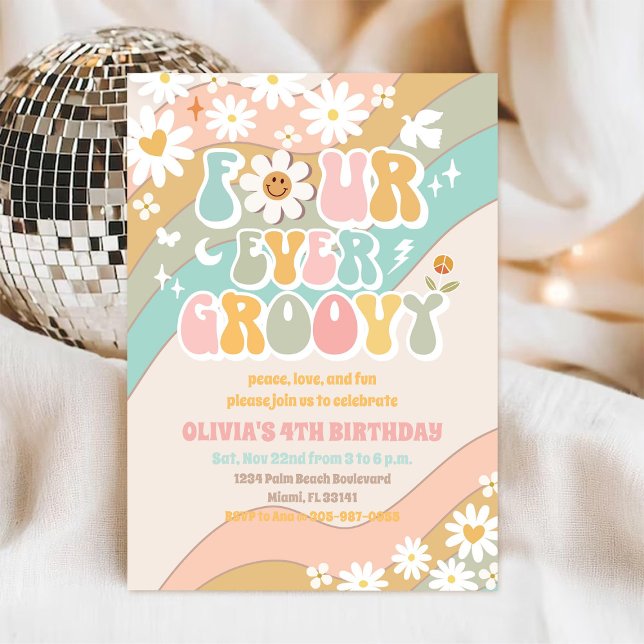 Groovy Daisy 4th Birthday Invitation (Creator Uploaded)
