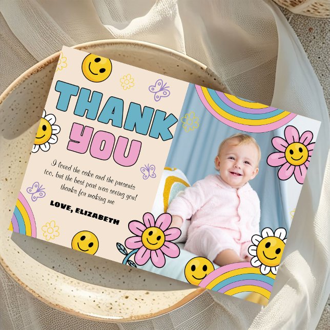 Groovy Daisy Birthday Photo Retro Thank You Card (Creator Uploaded)