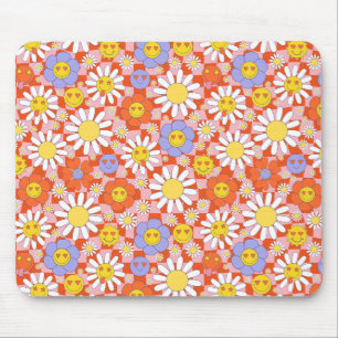 Groovy Daisy Floral Checkerboard, Y2K 90s Mouse Mat