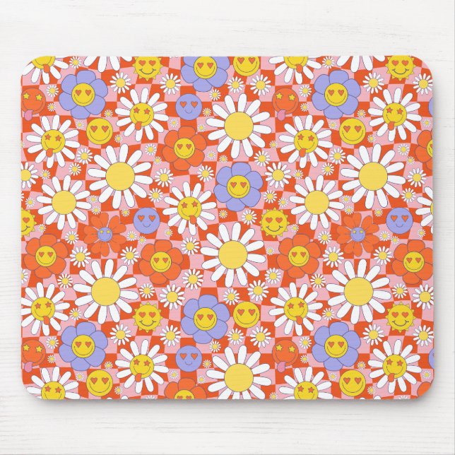Groovy Daisy Floral Checkerboard, Y2K 90s  Mouse Mat (Front)
