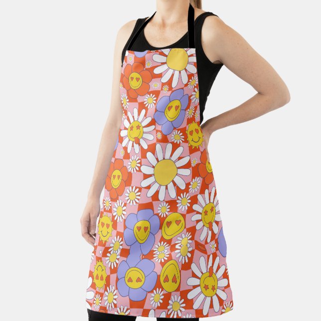 Groovy Daisy Floral Chequerboard, Y2K 90s  Apron (Insitu)