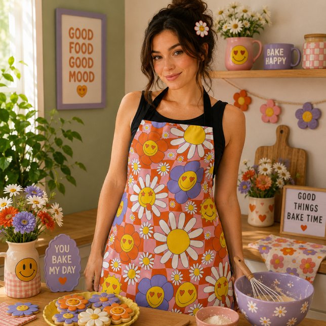 Groovy Daisy Floral Chequerboard, Y2K 90s  Apron (Creator Uploaded)