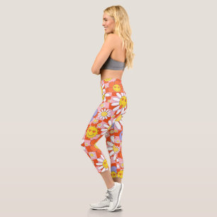 Groovy Daisy Floral Chequerboard, Y2K 90s Capri Leggings