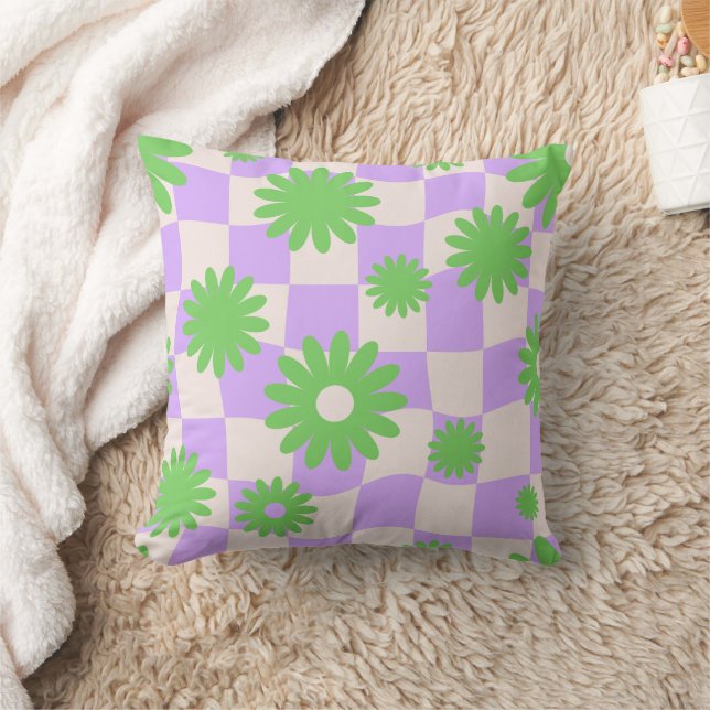Groovy Daisy Floral Chequerboard, Y2K 90s Cushion (Blanket)