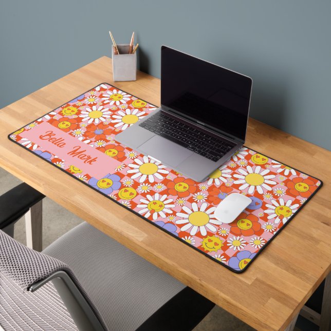 Groovy Daisy Floral Chequerboard, Y2K 90s  Desk Mat (Office 2)