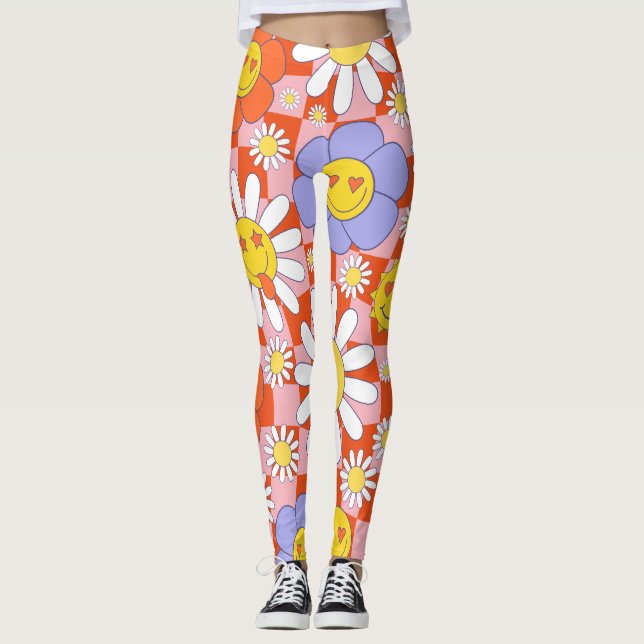 Groovy Daisy Floral Chequerboard, Y2K 90s Leggings (Front)