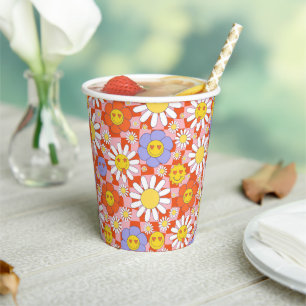 Groovy Daisy Floral Chequerboard, Y2K 90s  Paper Cups