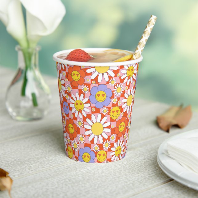 Groovy Daisy Floral Chequerboard, Y2K 90s  Paper Cups (Insitu)