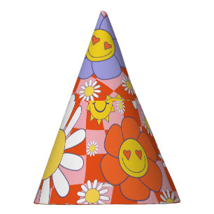 Groovy Daisy Floral Chequerboard, Y2K 90s  Party Hat
