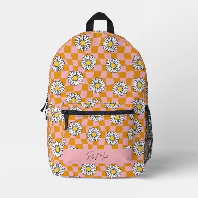 Groovy Daisy Floral Chequerboard, Y2K 90s Printed Backpack (Front)