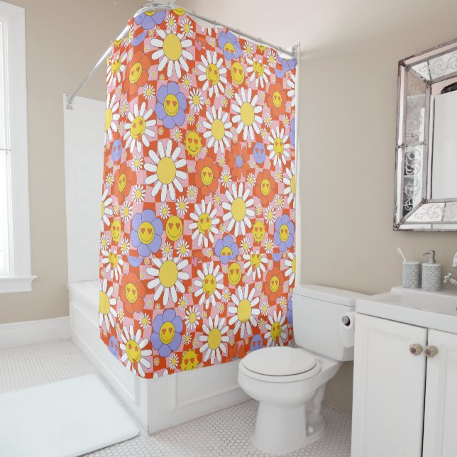 Groovy Daisy Floral Chequerboard, Y2K 90s Shower Curtain (In Situ)