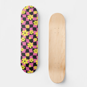 Groovy Daisy Floral Chequerboard, Y2K 90s   Skateboard