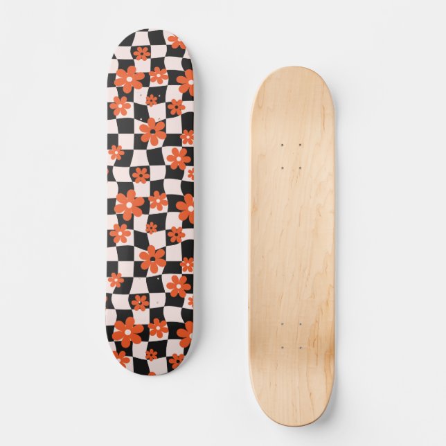 Groovy Daisy Floral Chequerboard, Y2K 90s Skateboard (Front)