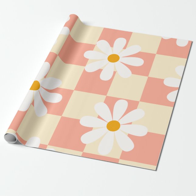 Groovy Daisy Floral Chequerboard, Y2K 90s  Wrappin Wrapping Paper (Unrolled)