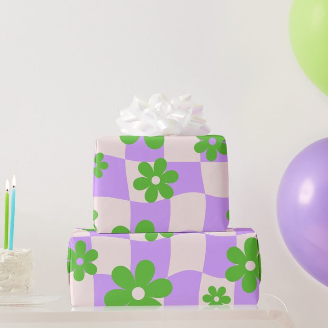 Groovy Daisy Floral Chequerboard, Y2K 90s  Wrappin Wrapping Paper (Party Gifts)