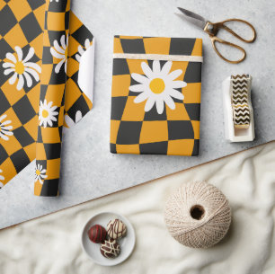 Groovy Daisy Floral Chequerboard, Y2K 90s  Wrapping Paper