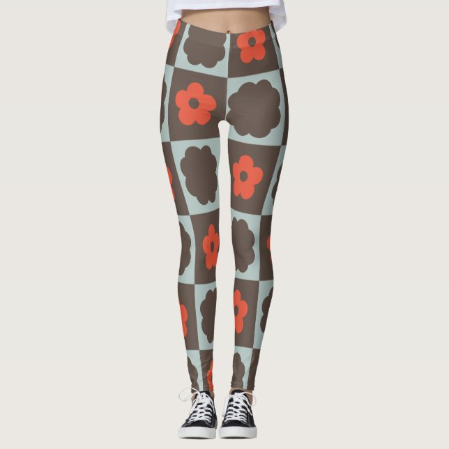 Groovy Daisy Floral Heart Chequerboard, Y2K 90s Leggings (Front)