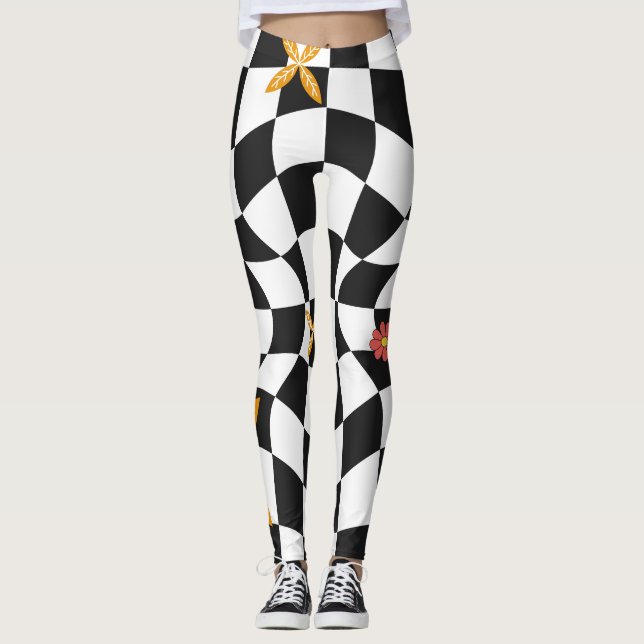 Groovy Daisy Floral Heart Chequerboard, Y2K 90s Leggings (Front)