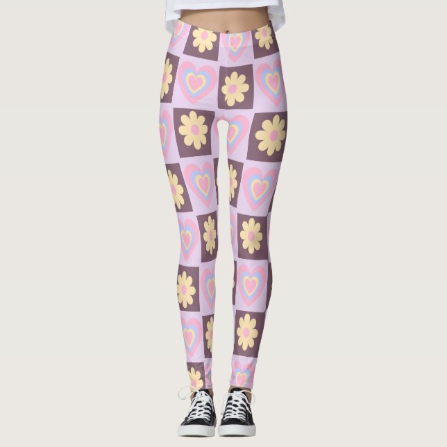 Groovy Daisy Floral Heart Chequerboard, Y2K 90s Leggings (Front)