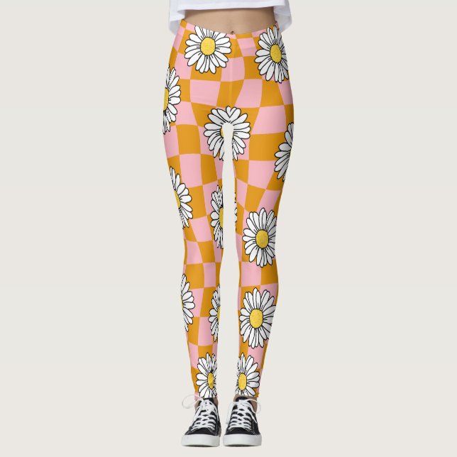 Groovy Daisy Floral Heart Chequerboard, Y2K 90s Leggings (Front)