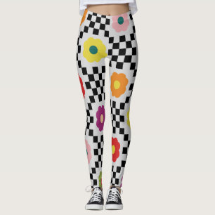 Groovy Daisy Floral Heart Chequerboard, Y2K 90s Leggings