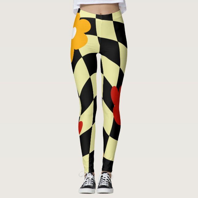 Groovy Daisy Floral Heart Chequerboard, Y2K 90s Leggings (Front)