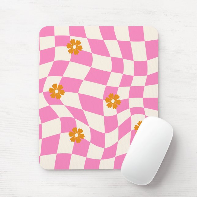 Groovy Daisy Floral Heart Chequerboard, Y2K 90s Mouse Mat (With Mouse)