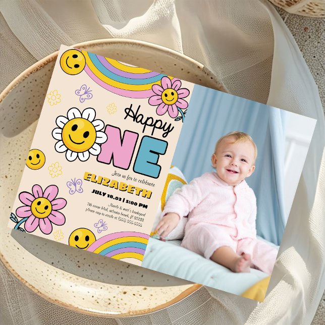 Groovy Daisy Flower First Birthday Retro Photo Invitation (Creator Uploaded)