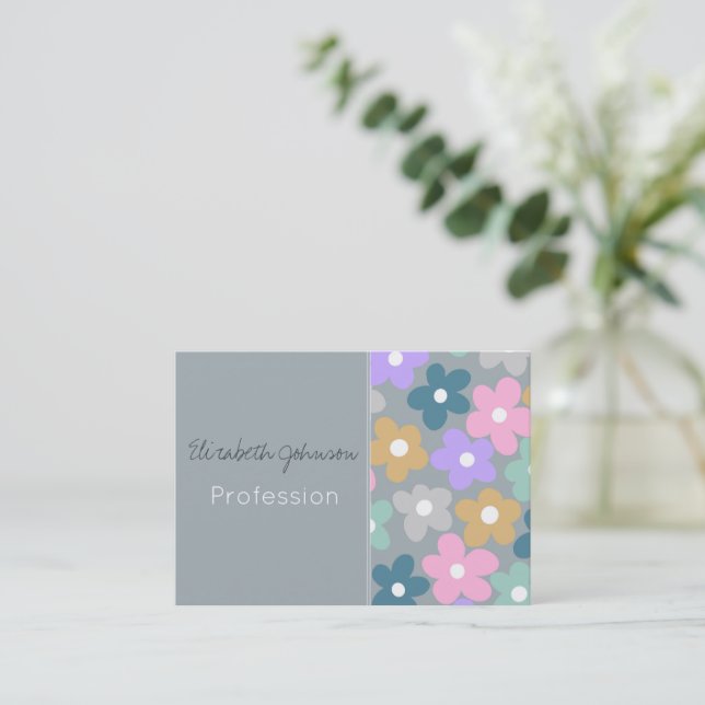 Groovy Daisy Flowers Grey Retro Boho Floral Business Card (Standing Front)