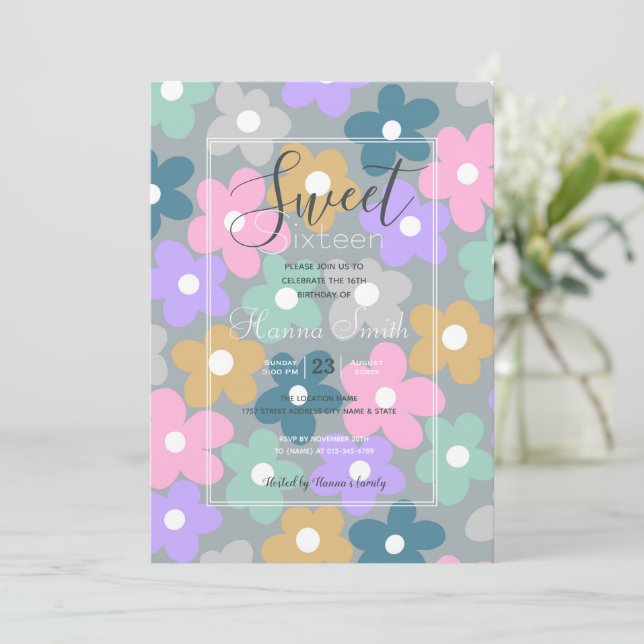 Groovy Daisy Flowers Grey Retro Boho Floral Invitation (Standing Front)