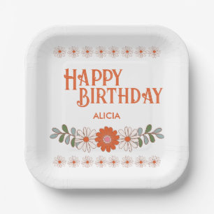 Groovy Daisy Hippie Flora Leaf Happy Birthday Paper Plate