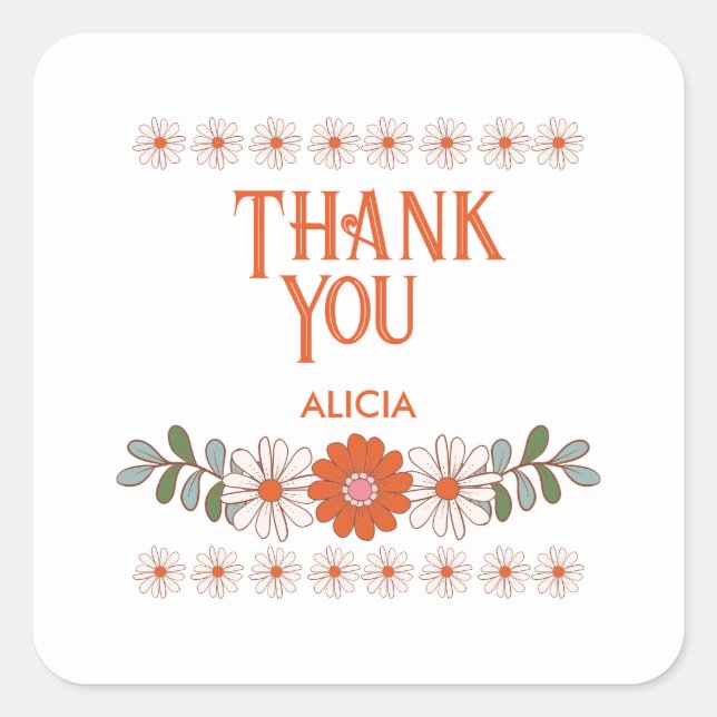 Groovy Daisy Hippie Flora Leaf Thank You Square Sticker (Front)