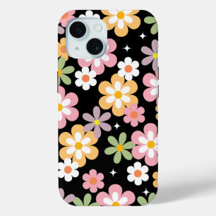 Groovy Daisy Pattern Black iPhone 15 Case