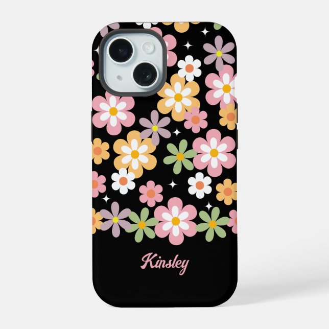 Groovy Daisy Pattern w/ Name Black iPhone 15 Case (Back)