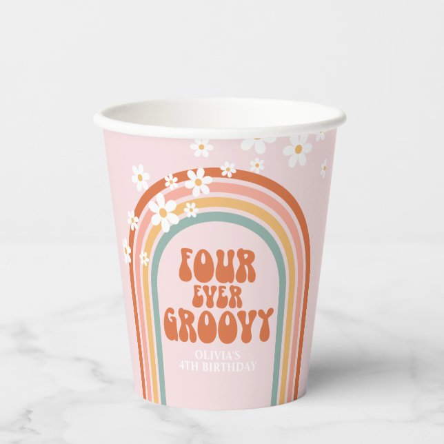 Groovy daisy rainbow 4th birthday Paper Cups (Front)