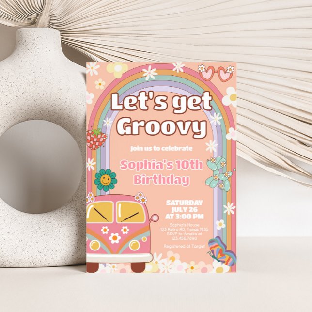 Groovy Daisy Rainbow Birthday Party Invitation (Groovy Daisy Birthday Party Invitation)