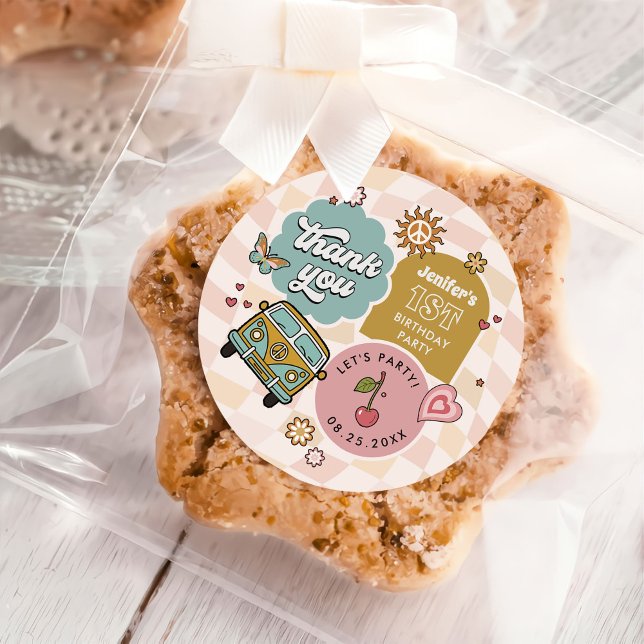 Groovy Daisy Retro 1st Birthday Party Classic Round Sticker (Creator Uploaded)