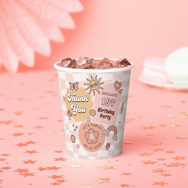 Groovy Daisy Retro 1st Birthday Party Paper Cups (Insitu)