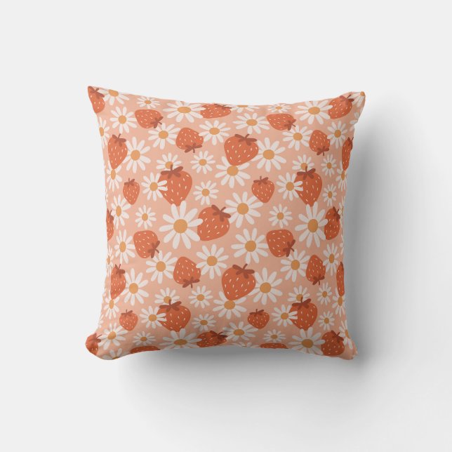 Groovy Daisy Strawberry Print Summer Spring Pink Cushion (Front)