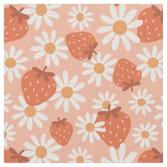 Groovy Daisy Strawberry Print Summer Spring Pink Fabric (Close Up)