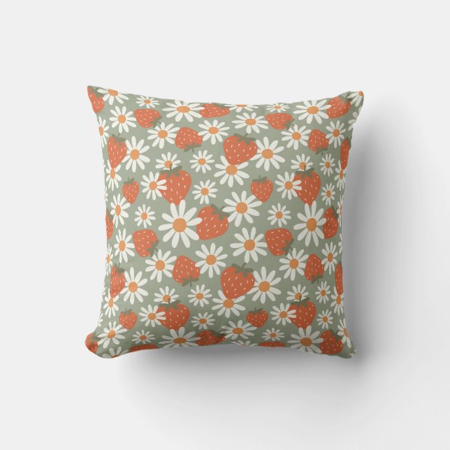 Groovy Daisy Strawberry Print Summer Spring Sage Cushion (Front)