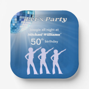 Groovy Disco Ball Blue Mans 50th Birthday Paper Plate