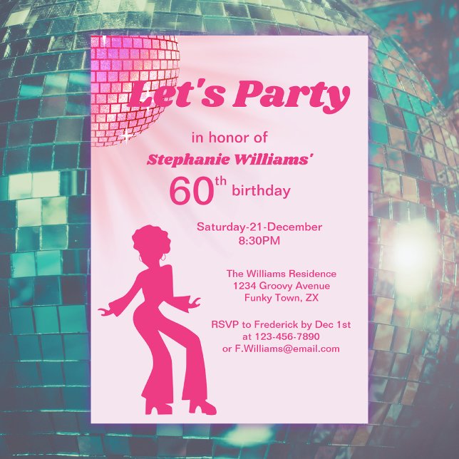 Groovy Disco ball Pink Purple Womans 60th Birthday Invitation (Creator Uploaded)